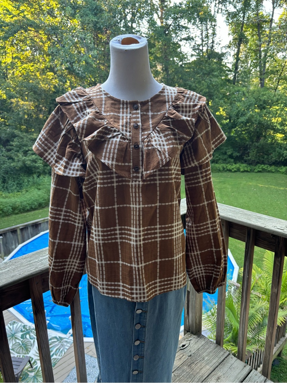 Love Brown Cream Plaid Ruffle-Trim Long-Sleeve Top